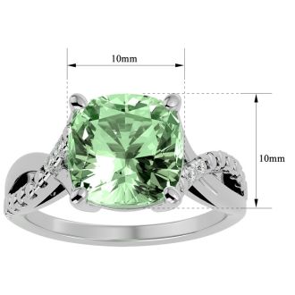 4 Carat Cushion Cut Green Amethyst and Diamond Ring in 10k White Gold