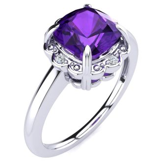 2ct Cushion Cut Amethyst and Diamond Ring in 10k White Gold