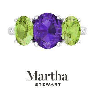 Martha Stewart 5 Carat Oval Shape Amethyst, Peridot and Lab Grown Diamond Three Stone Plus Ring In Sterling Silver