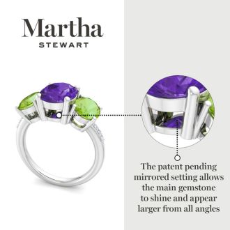 Martha Stewart 5 Carat Oval Shape Amethyst, Peridot and Lab Grown Diamond Three Stone Plus Ring In Sterling Silver