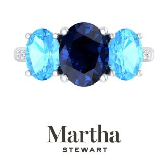 Martha Stewart 5 Carat Oval Shape Sapphire, Blue Topaz and Lab Grown Diamond Three Stone Plus Ring In Sterling Silver
