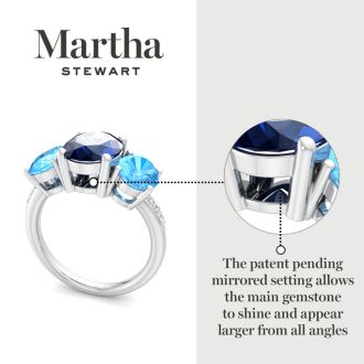 Martha Stewart 5 Carat Oval Shape Sapphire, Blue Topaz and Lab Grown Diamond Three Stone Plus Ring In Sterling Silver