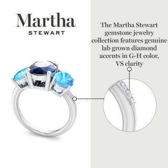 Martha Stewart 5 Carat Oval Shape Sapphire, Blue Topaz and Lab Grown Diamond Three Stone Plus Ring In Sterling Silver