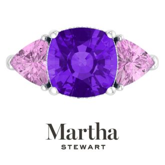Martha Stewart 8 Carat Cushion Amethyst, Pink Sapphire and Lab Grown Diamond Three Stone Plus Ring In Sterling Silver