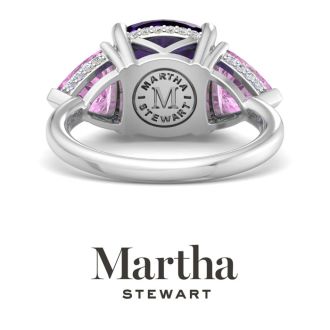 Martha Stewart 8 Carat Cushion Amethyst, Pink Sapphire and Lab Grown Diamond Three Stone Plus Ring In Sterling Silver