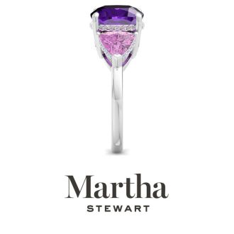 Martha Stewart 8 Carat Cushion Amethyst, Pink Sapphire and Lab Grown Diamond Three Stone Plus Ring In Sterling Silver