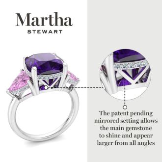 Martha Stewart 8 Carat Cushion Amethyst, Pink Sapphire and Lab Grown Diamond Three Stone Plus Ring In Sterling Silver