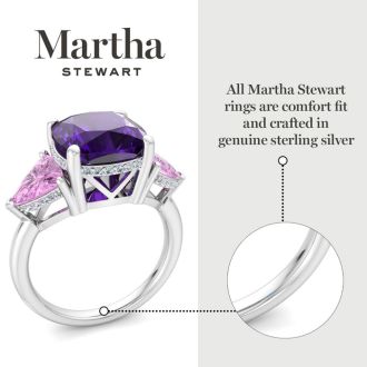 Martha Stewart 8 Carat Cushion Amethyst, Pink Sapphire and Lab Grown Diamond Three Stone Plus Ring In Sterling Silver