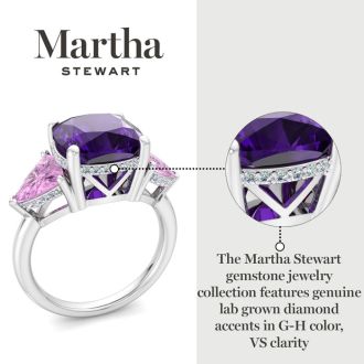 Martha Stewart 8 Carat Cushion Amethyst, Pink Sapphire and Lab Grown Diamond Three Stone Plus Ring In Sterling Silver