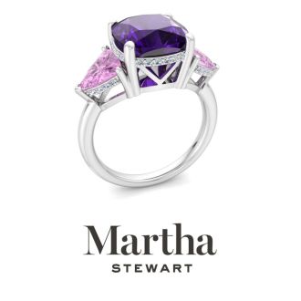 Martha Stewart 8 Carat Cushion Amethyst, Pink Sapphire and Lab Grown Diamond Three Stone Plus Ring In Sterling Silver