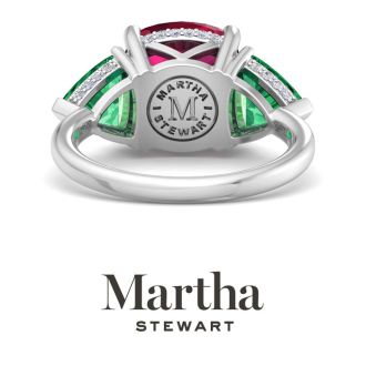 Martha Stewart 8 Carat Cushion Ruby, Emerald and Lab Grown Diamond Three Stone Plus Ring In Sterling Silver