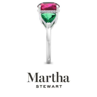 Martha Stewart 8 Carat Cushion Ruby, Emerald and Lab Grown Diamond Three Stone Plus Ring In Sterling Silver