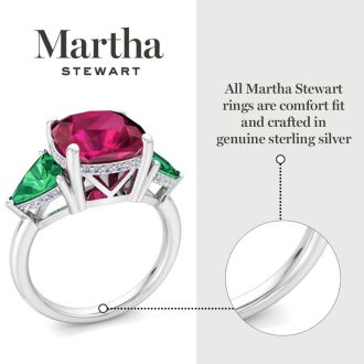 Martha Stewart 8 Carat Cushion Ruby, Emerald and Lab Grown Diamond Three Stone Plus Ring In Sterling Silver