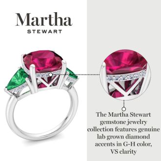 Martha Stewart 8 Carat Cushion Ruby, Emerald and Lab Grown Diamond Three Stone Plus Ring In Sterling Silver