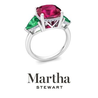 Martha Stewart 8 Carat Cushion Ruby, Emerald and Lab Grown Diamond Three Stone Plus Ring In Sterling Silver