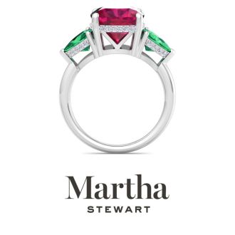 Martha Stewart 8 Carat Cushion Ruby, Emerald and Lab Grown Diamond Three Stone Plus Ring In Sterling Silver