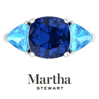 Martha Stewart 8 Carat Cushion Sapphire, Blue Topaz and Lab Grown Diamond Three Stone Plus Ring In Sterling Silver