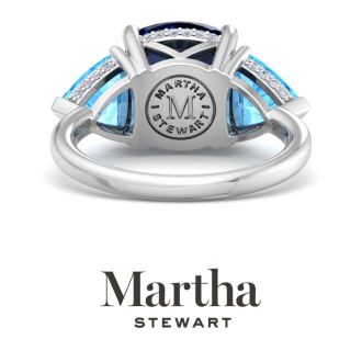 Martha Stewart 8 Carat Cushion Sapphire, Blue Topaz and Lab Grown Diamond Three Stone Plus Ring In Sterling Silver