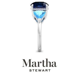 Martha Stewart 8 Carat Cushion Sapphire, Blue Topaz and Lab Grown Diamond Three Stone Plus Ring In Sterling Silver