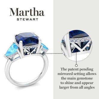 Martha Stewart 8 Carat Cushion Sapphire, Blue Topaz and Lab Grown Diamond Three Stone Plus Ring In Sterling Silver