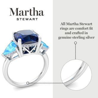 Martha Stewart 8 Carat Cushion Sapphire, Blue Topaz and Lab Grown Diamond Three Stone Plus Ring In Sterling Silver