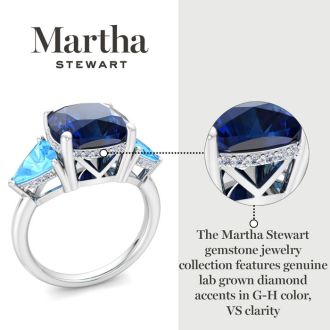 Martha Stewart 8 Carat Cushion Sapphire, Blue Topaz and Lab Grown Diamond Three Stone Plus Ring In Sterling Silver