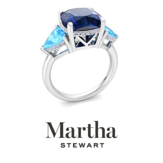 Martha Stewart 8 Carat Cushion Sapphire, Blue Topaz and Lab Grown Diamond Three Stone Plus Ring In Sterling Silver