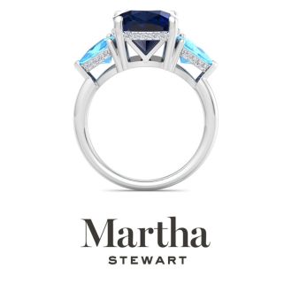 Martha Stewart 8 Carat Cushion Sapphire, Blue Topaz and Lab Grown Diamond Three Stone Plus Ring In Sterling Silver