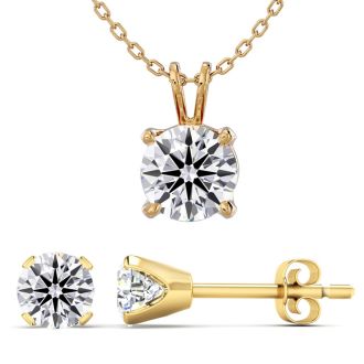 2 Carat Total Diamond-ey Moissanite Earrings & Necklace Set In Yellow Gold.  Exceptionally Fiery, Beautifully Cut Fabulous Moissanite!