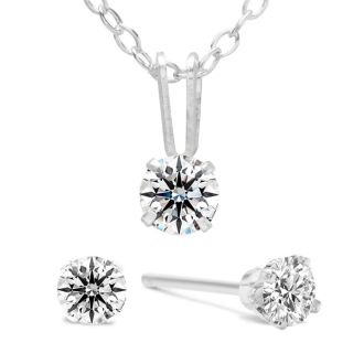 Estate Jewelry 1/2 Carat Natural Diamond Stud Earrings and Necklace. Fiery Diamonds Mounted In 14K White Gold