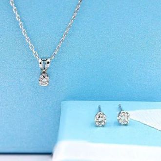 Estate Jewelry 1/2 Carat Natural Diamond Stud Earrings and Necklace. Fiery Diamonds Mounted In 14K White Gold