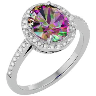 3 ½ Carat Mystic Topazand Diamond Halo Ring created in platinum overlay
