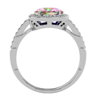 3 ½ Carat Mystic Topazand Diamond Halo Ring created in platinum overlay
