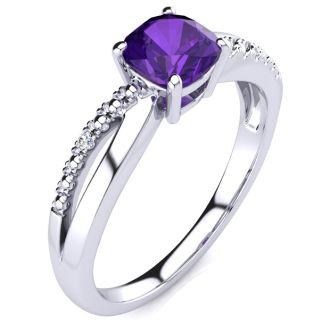 3/4ct Cushion Cut Amethyst and Diamond Ring In 10K White Gold