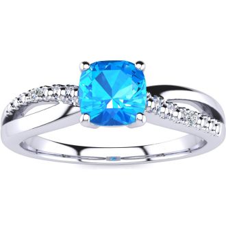 3/4ct Cushion Cut Blue Topaz and Diamond Ring In 10K White Gold