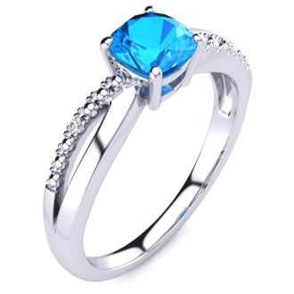 3/4ct Cushion Cut Blue Topaz and Diamond Ring In 10K White Gold
