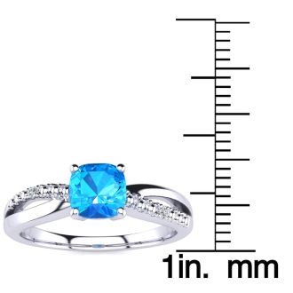 3/4ct Cushion Cut Blue Topaz and Diamond Ring In 10K White Gold