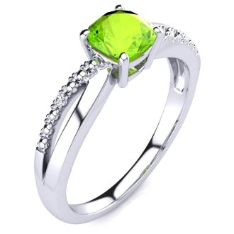 3/4ct Cushion Cut Peridot and Diamond Ring In 10K White Gold