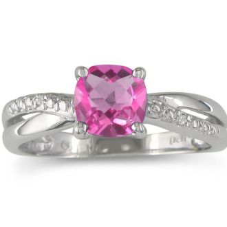 Pink Gemstones 3/4ct Cushion Cut Pink Topaz and Diamond Ring in 10k White Gold