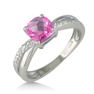 Pink Gemstones 3/4ct Cushion Cut Pink Topaz and Diamond Ring in 10k White Gold