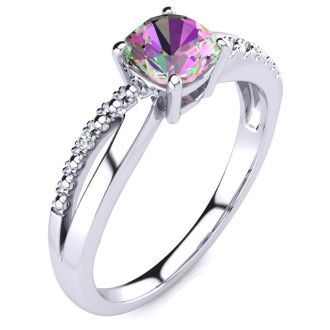 3/4 Carat Cushion Shape Mystic Topaz Ring With Diamonds In 10 Karat White Gold