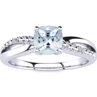 Aquamarine Ring: Aquamarine Jewelry: 3/4ct Cushion Cut Aquamarine and Diamond Ring in 10k White Gold