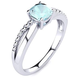 Aquamarine Ring: Aquamarine Jewelry: 3/4ct Cushion Cut Aquamarine and Diamond Ring in 10k White Gold