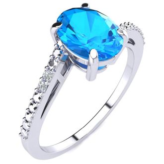 1 1/2ct Oval Shape Blue Topaz and Diamond Ring in 10k White Gold