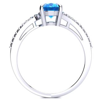 1 1/2ct Oval Shape Blue Topaz and Diamond Ring in 10k White Gold