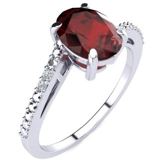 Garnet Ring: Garnet Jewelry: 1 1/2ct Oval Shape Garnet and Diamond Ring in 10k White Gold