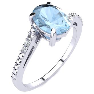 1 1/5ct Oval Shape Aquamarine and Diamond Ring in 10k White Gold