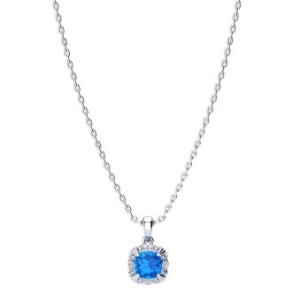 2 1/2ct Cushion Cut Blue Topaz and Diamond Necklace In 10K White Gold