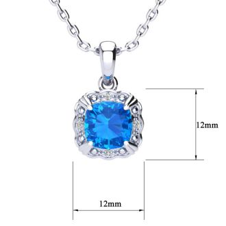2 1/2ct Cushion Cut Blue Topaz and Diamond Necklace In 10K White Gold