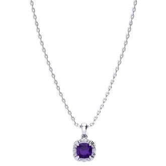 2 1/2ct Cushion Cut Amethyst and Diamond Necklace In 10K White Gold